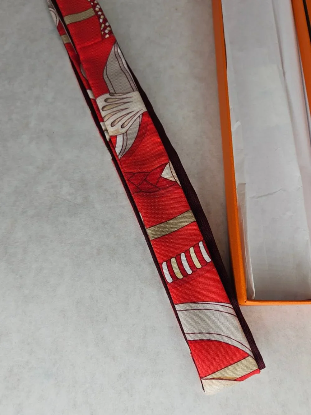 Authentic Hermes Red White Twilly Thin Silk Scarf with Box